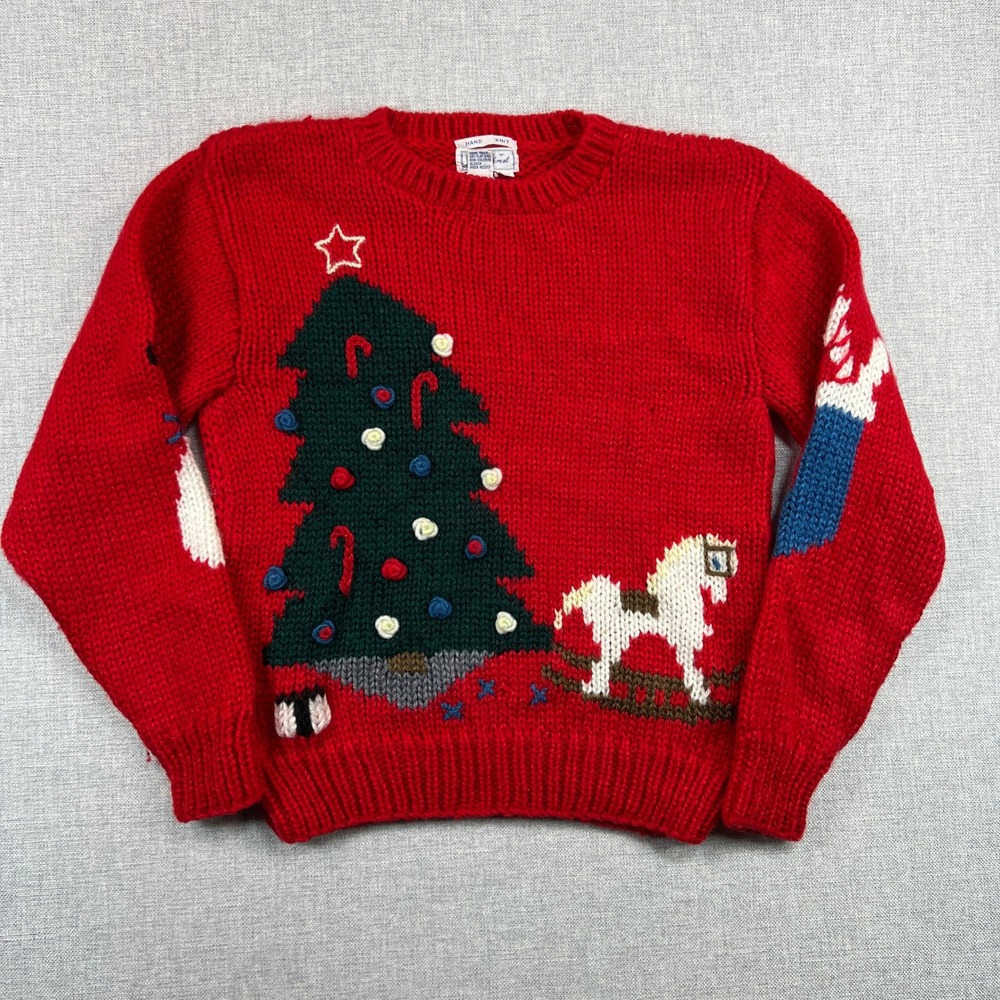Vintage 80s Windcrest Hand Knit Christmas Sweater Women L 36" Tree Snowman Horse